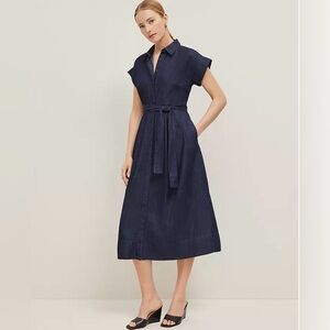 Navy Blue Women's Dress (Chambray Flare Midi Shirtdress)